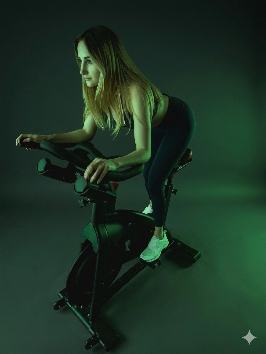 Rider on an indoor cycling bike bathed in green studio light